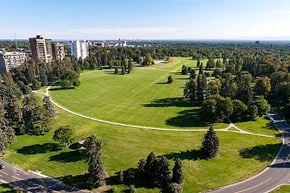 Denver apartment for rent - A view from a balcony overlooking a street with houses and trees.