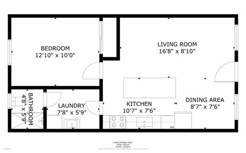 Floor plan for 1 bed, 1 bath, 545 sqft