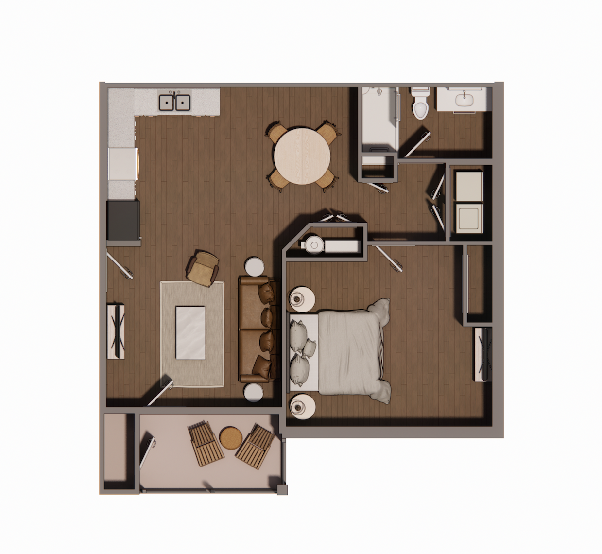 Floor plan for 1 bed, 1 bath, 892 sqft
