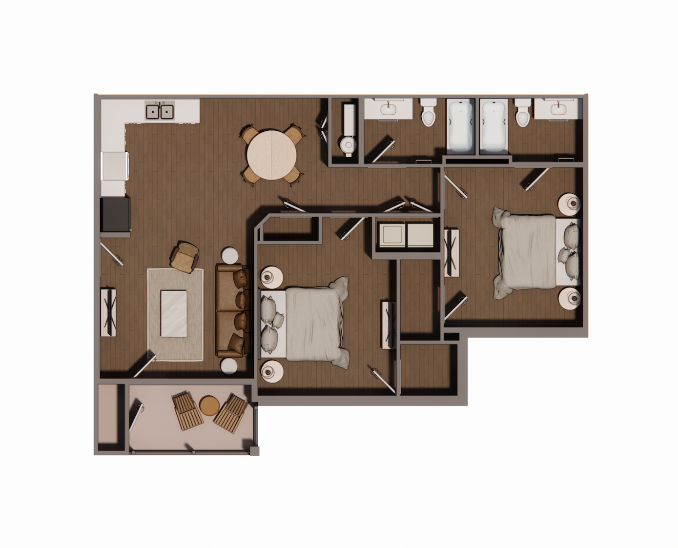 Floor plan for 2 beds, 2 baths, 1167 sqft