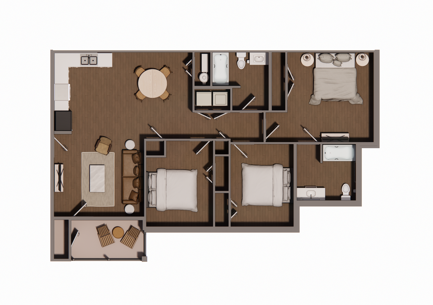Floor plan for 3 beds, 2 baths, 1314 sqft