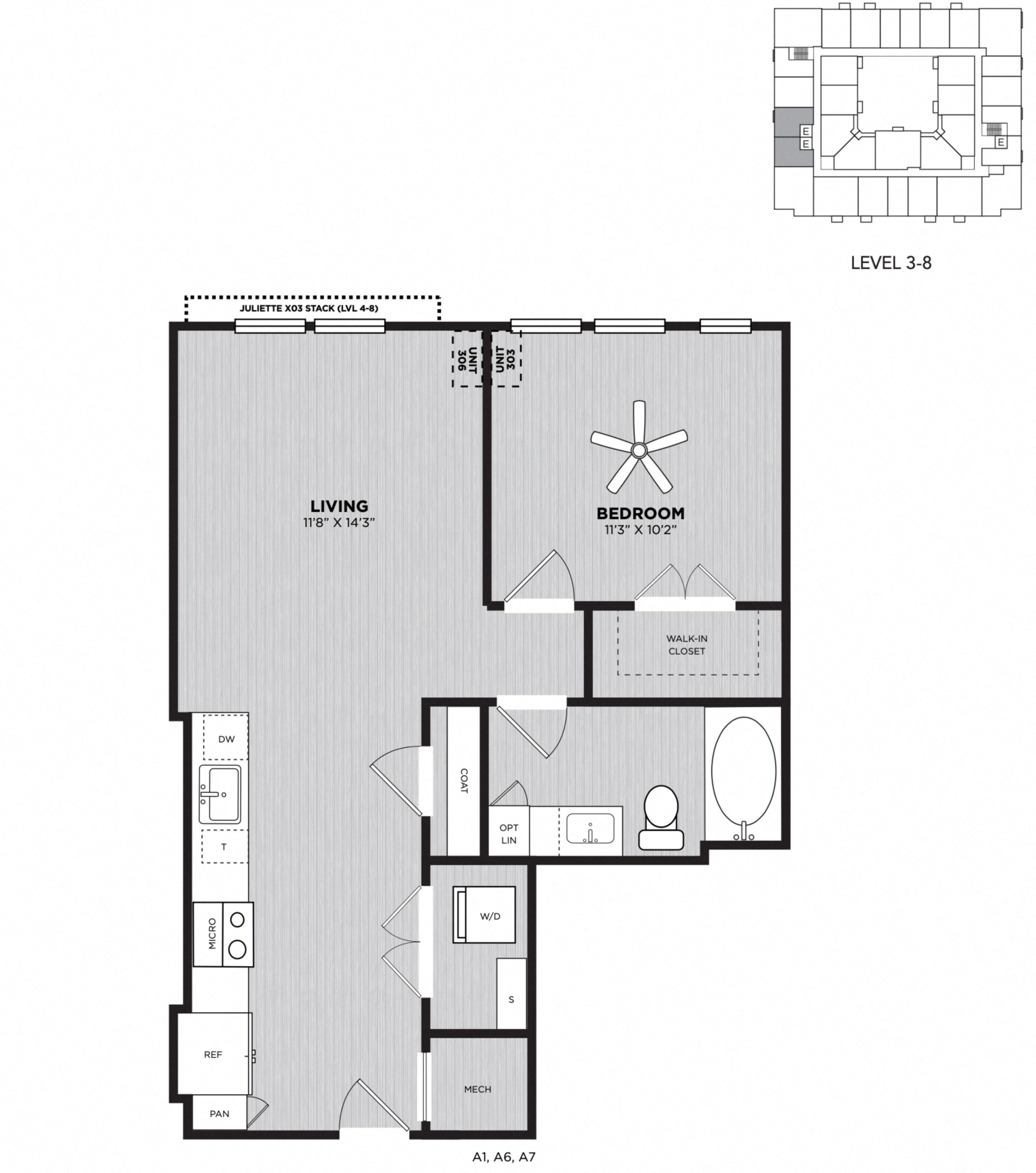 Floor plan for 1 bed, 1 bath, 654 sqft