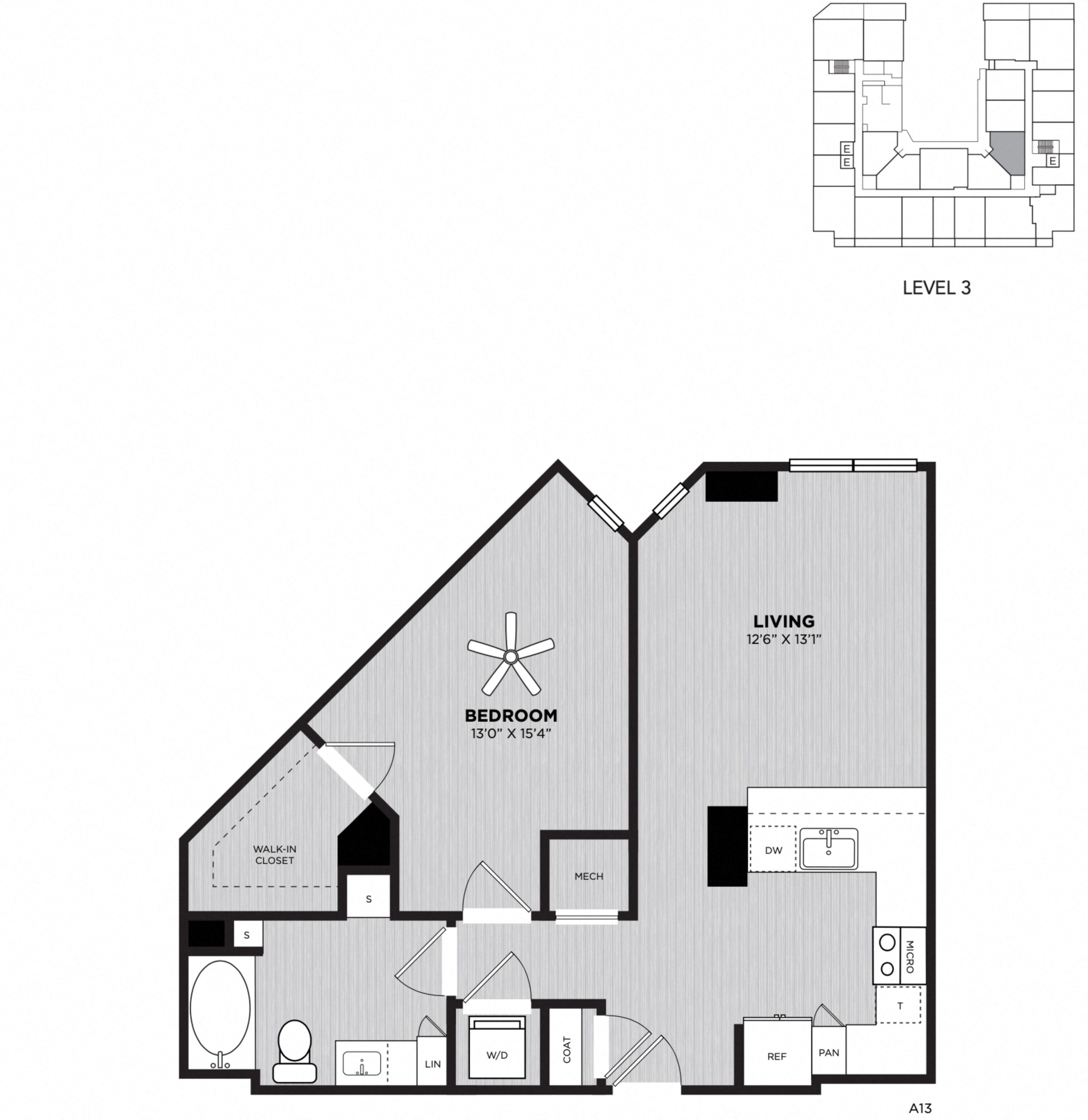 Floor plan for 1 bed, 1 bath, 754 sqft