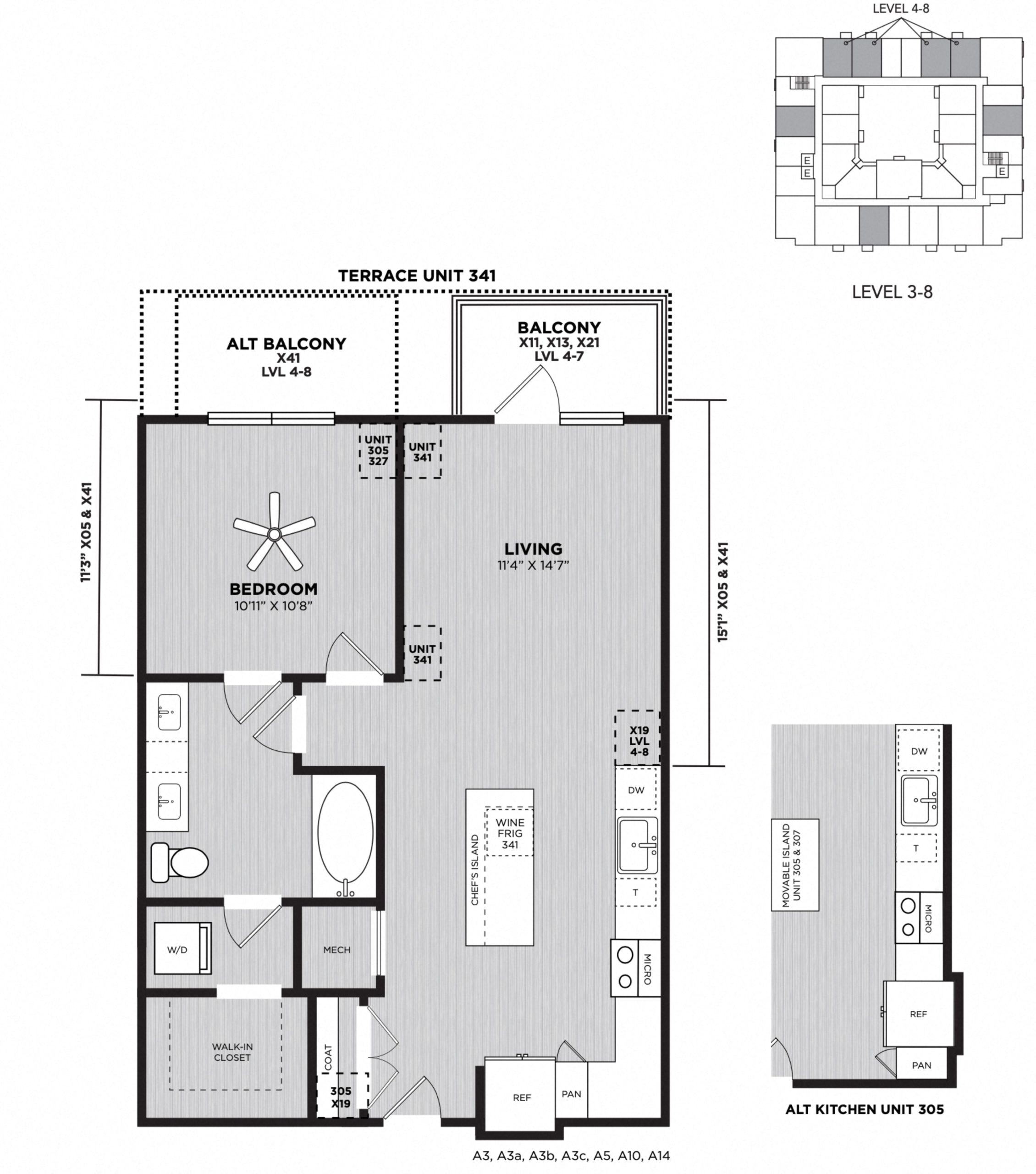 Floor plan for 1 bed, 1 bath, 737 sqft
