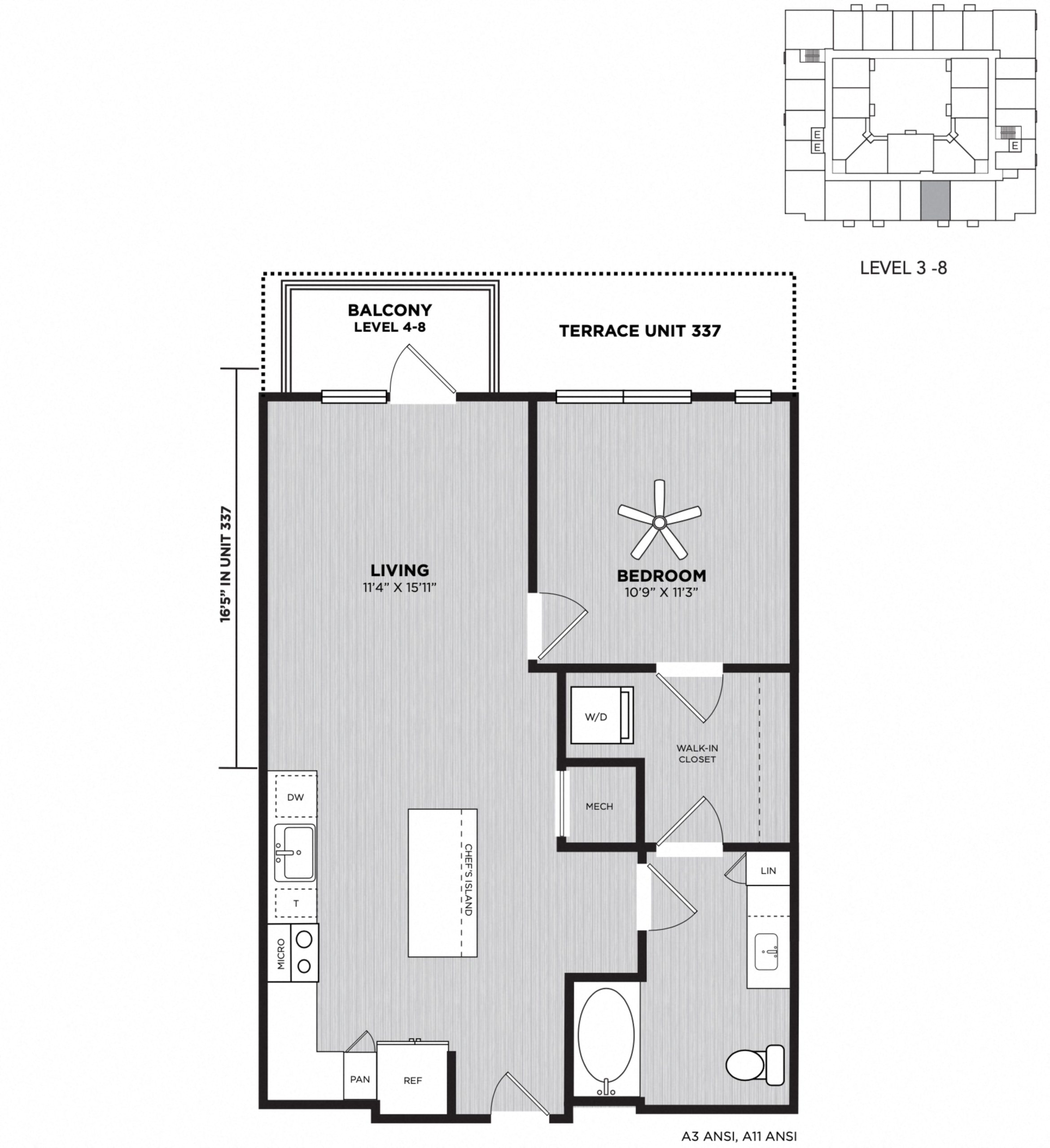Floor plan for 1 bed, 1 bath, 740 sqft