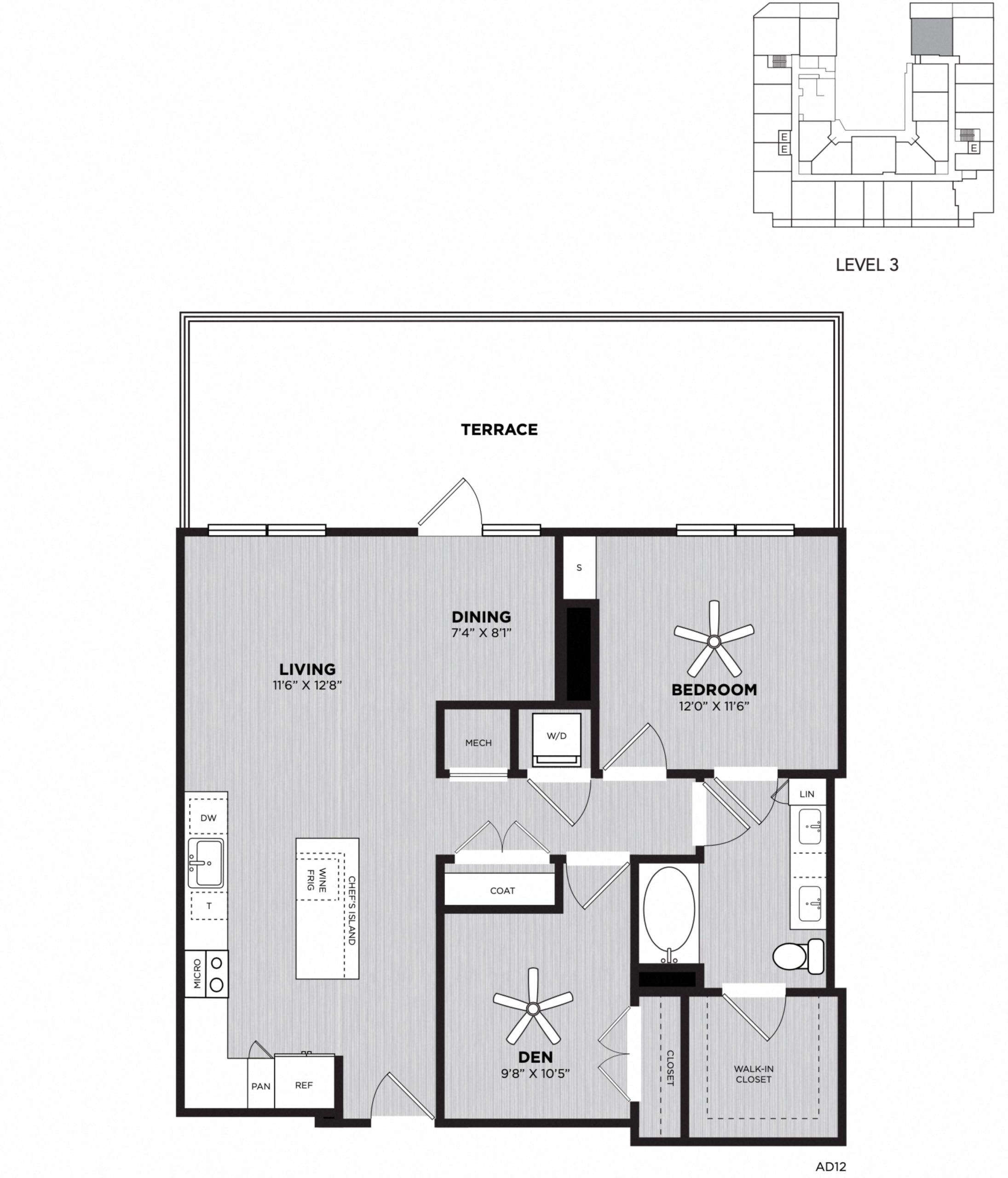 Floor plan for 1 bed, 1 bath, 1028 sqft