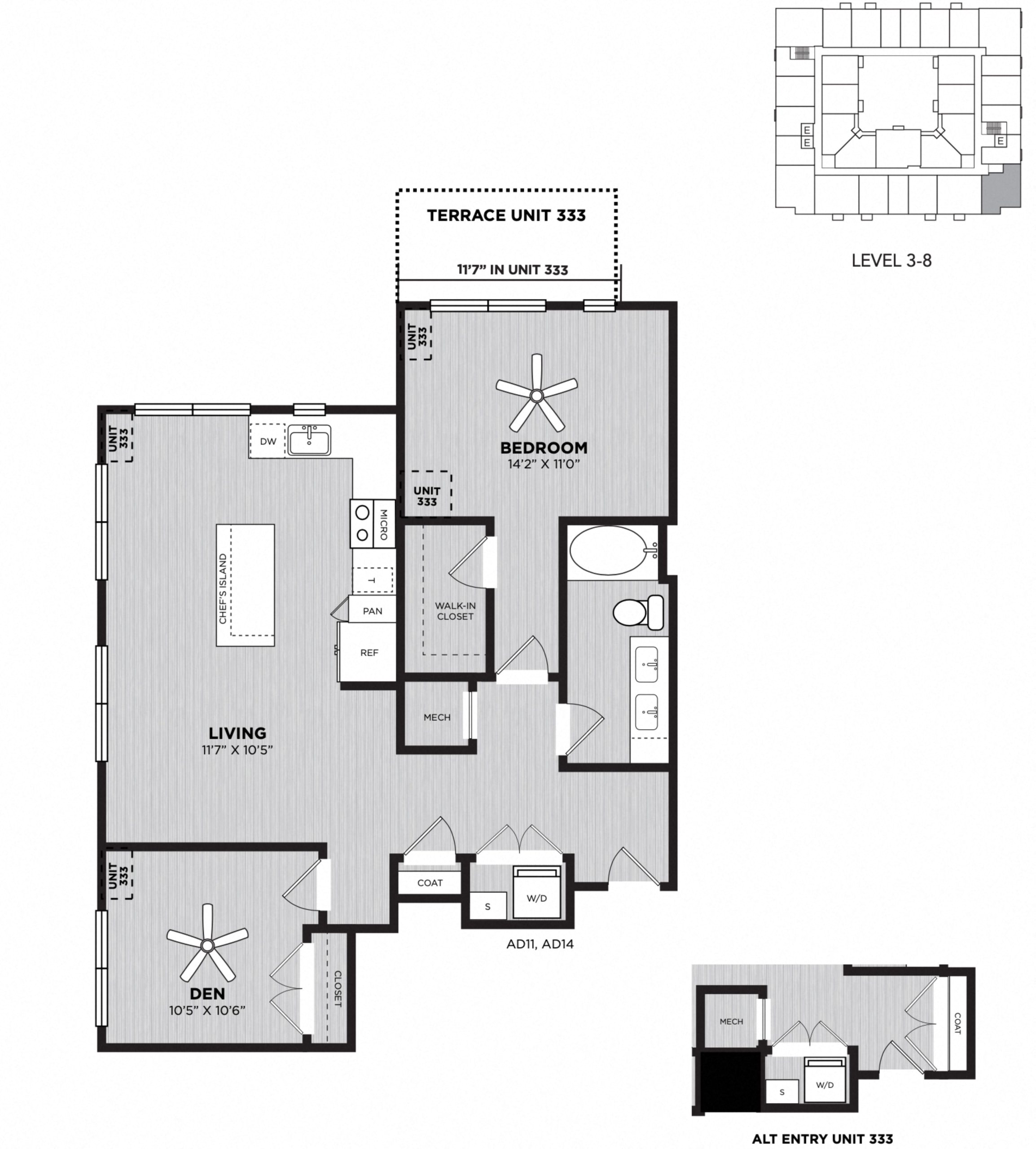 Floor plan for 1 bed, 1 bath, 1038 sqft