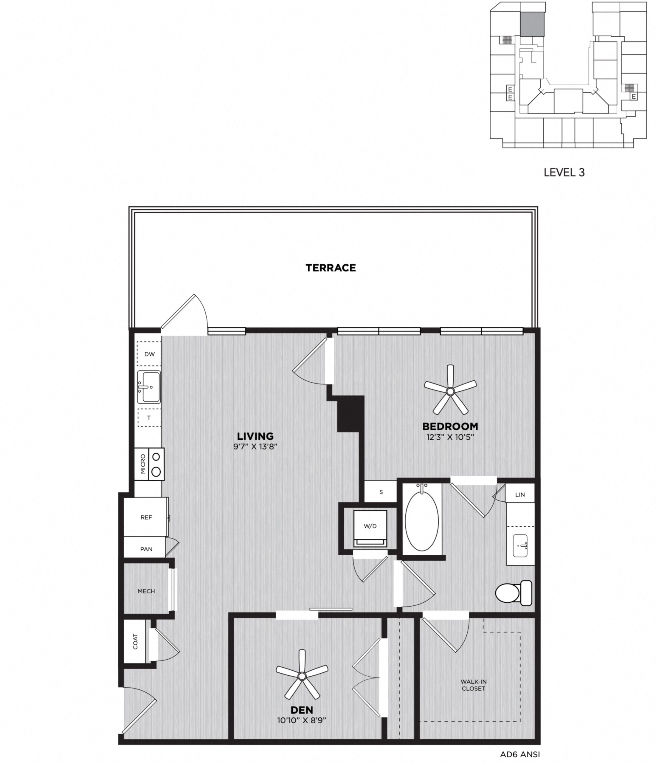 Floor plan for 1 bed, 1 bath, 927 sqft