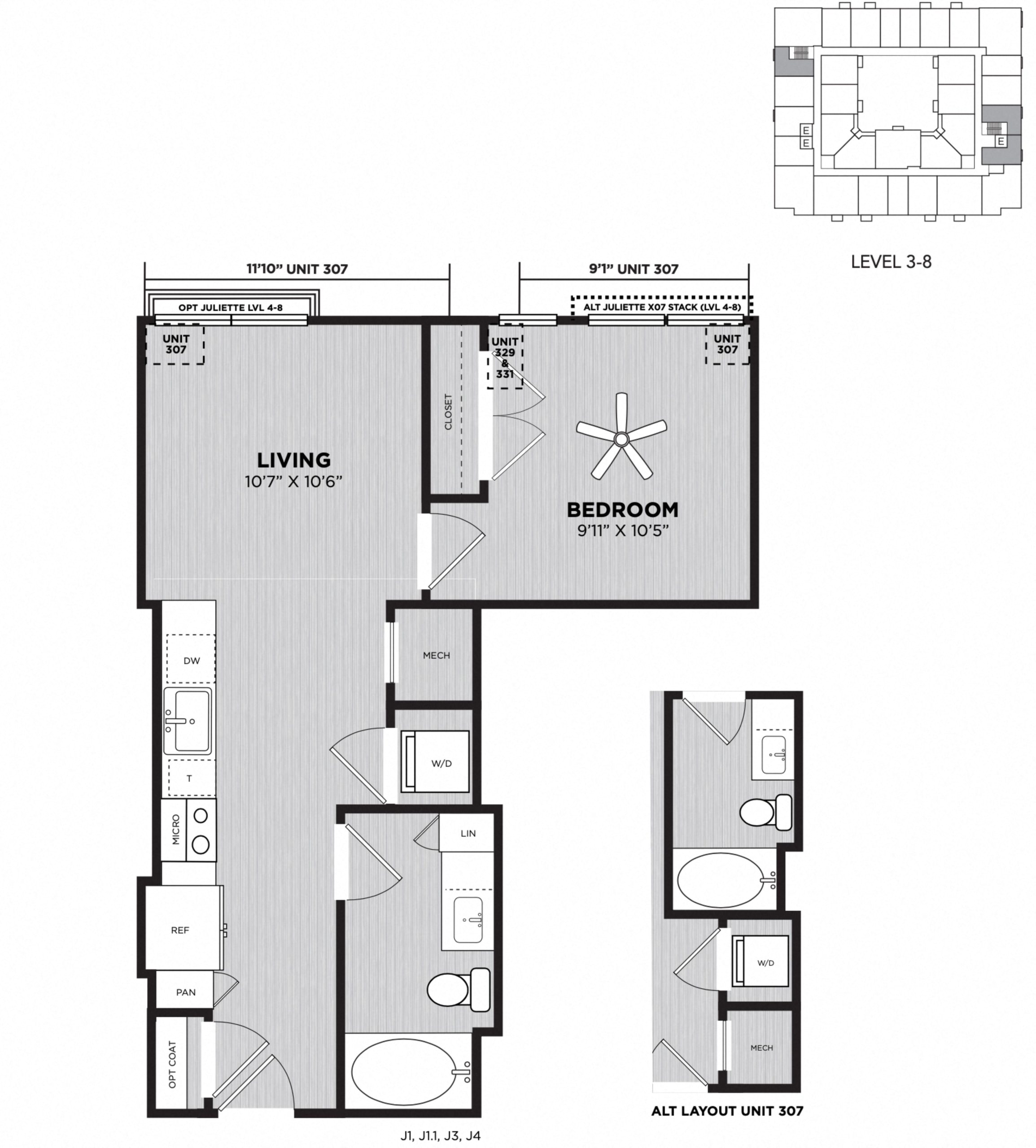 Floor plan for 1 bed, 1 bath, 558 sqft