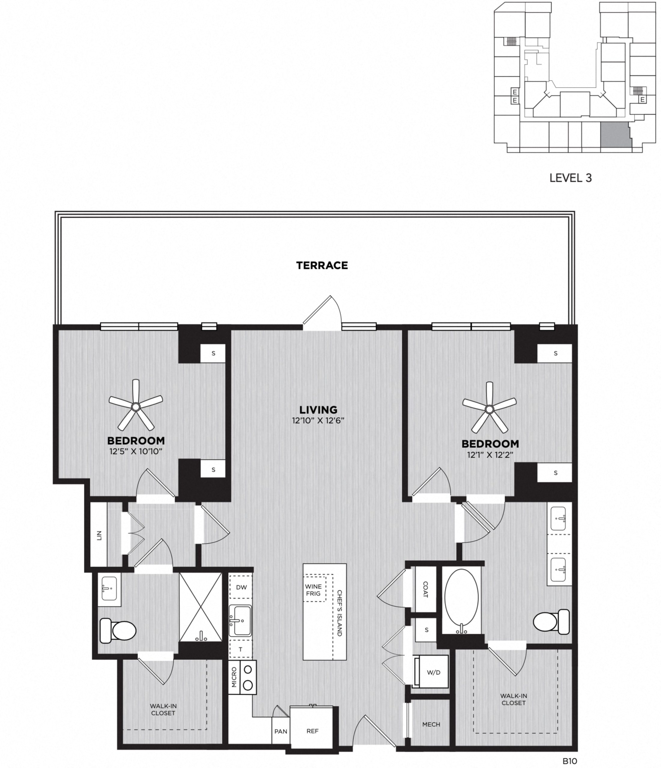 Floor plan for 2 beds, 2 baths, 1153 sqft