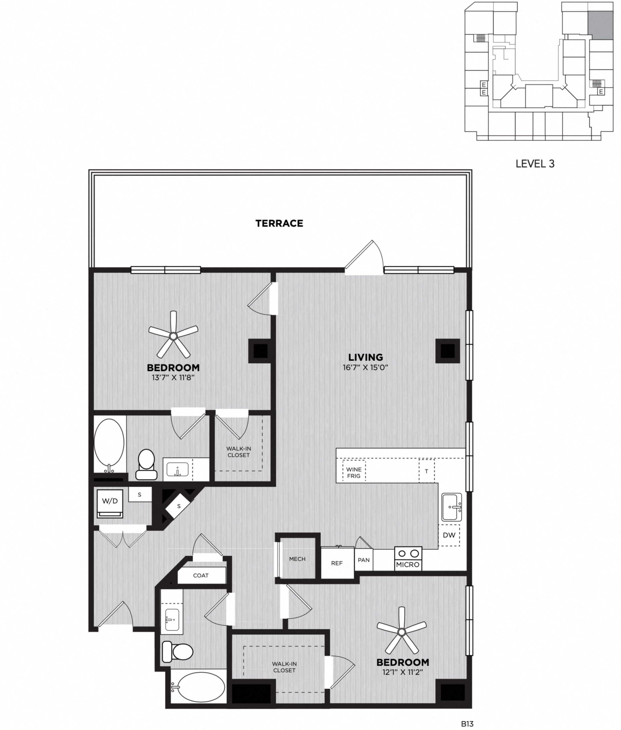 Floor plan for 2 beds, 2 baths, 1252 sqft