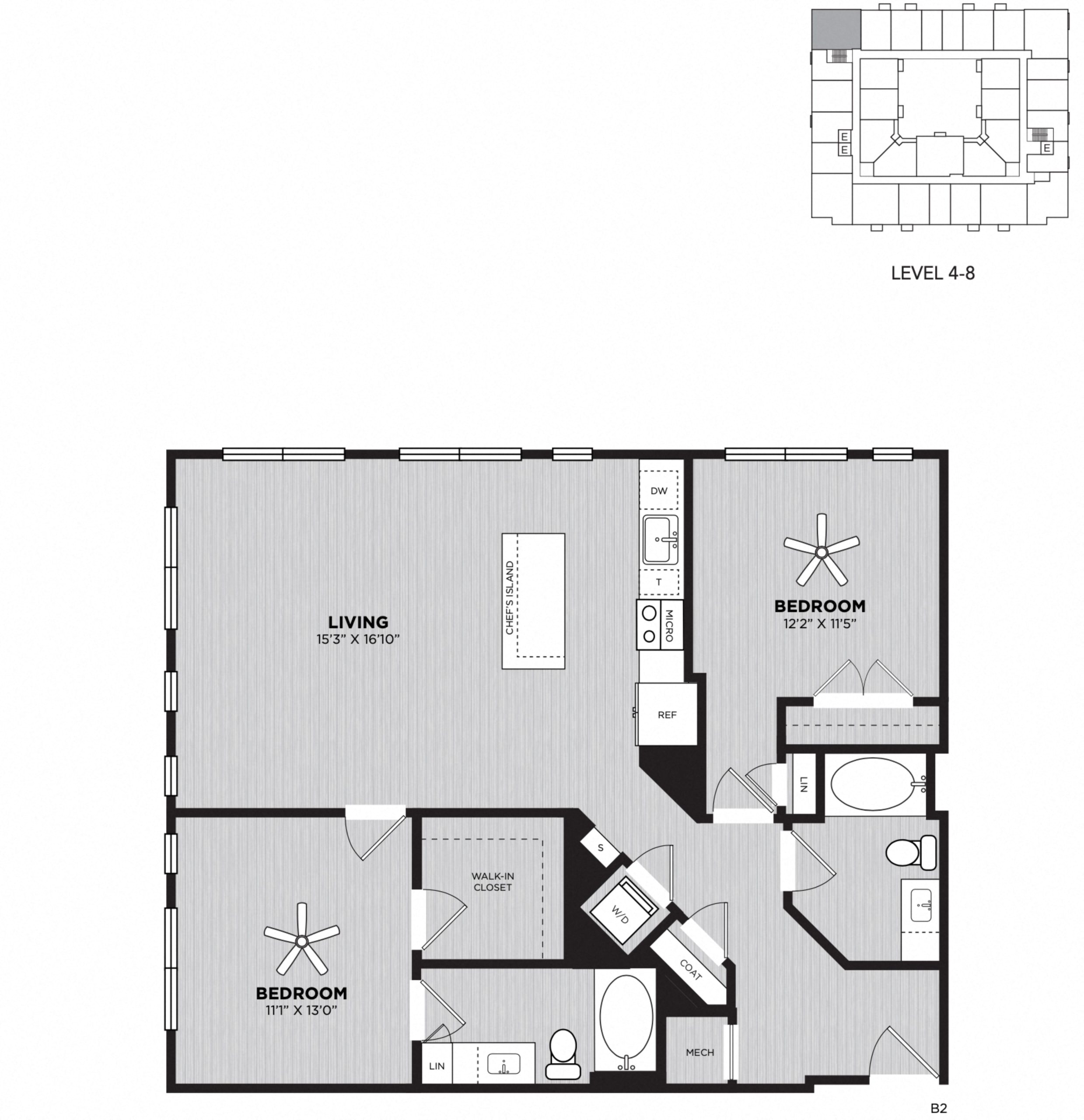 Floor plan for 2 beds, 2 baths, 1176 sqft