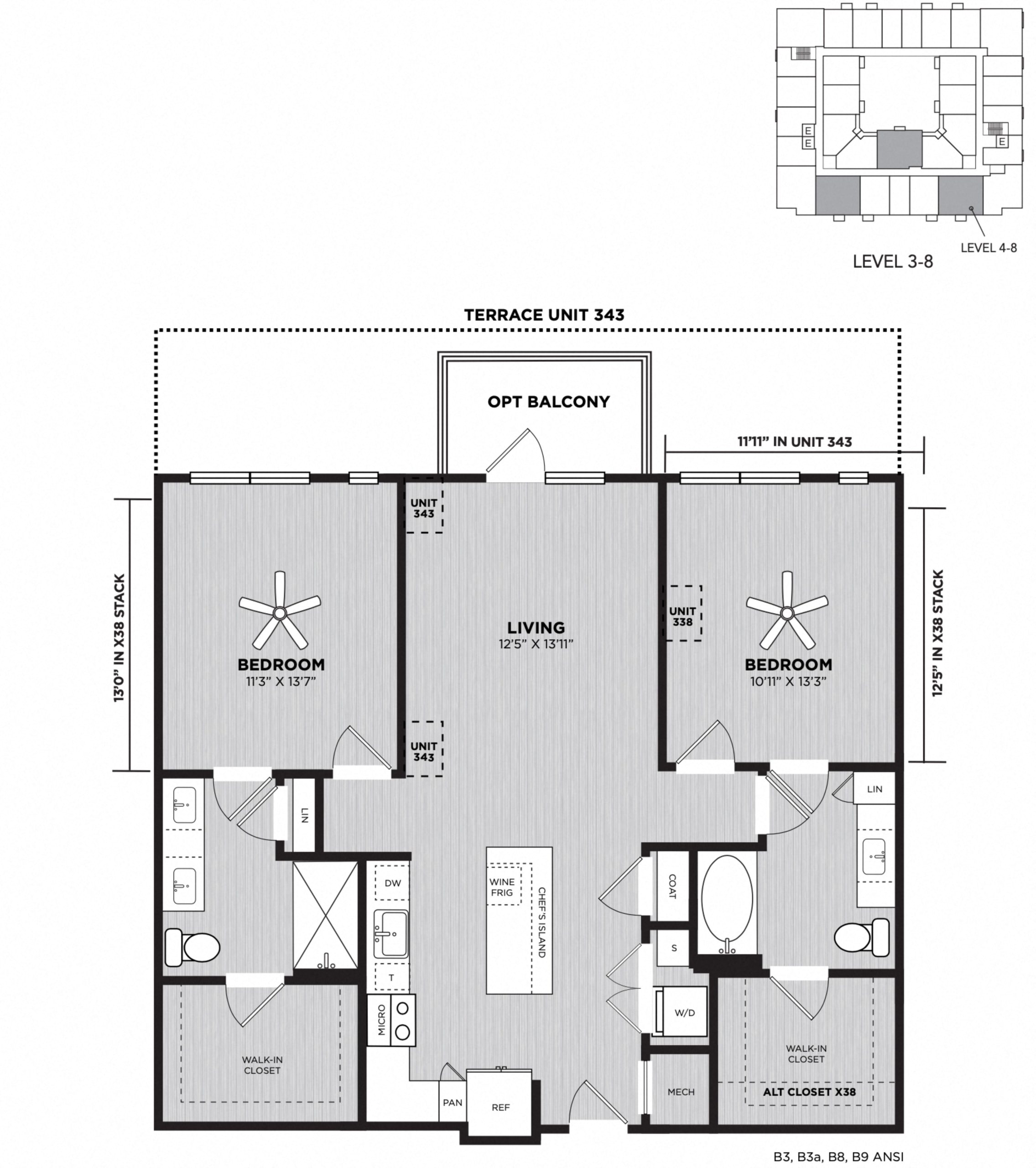 Floor plan for 2 beds, 2 baths, 1128 sqft