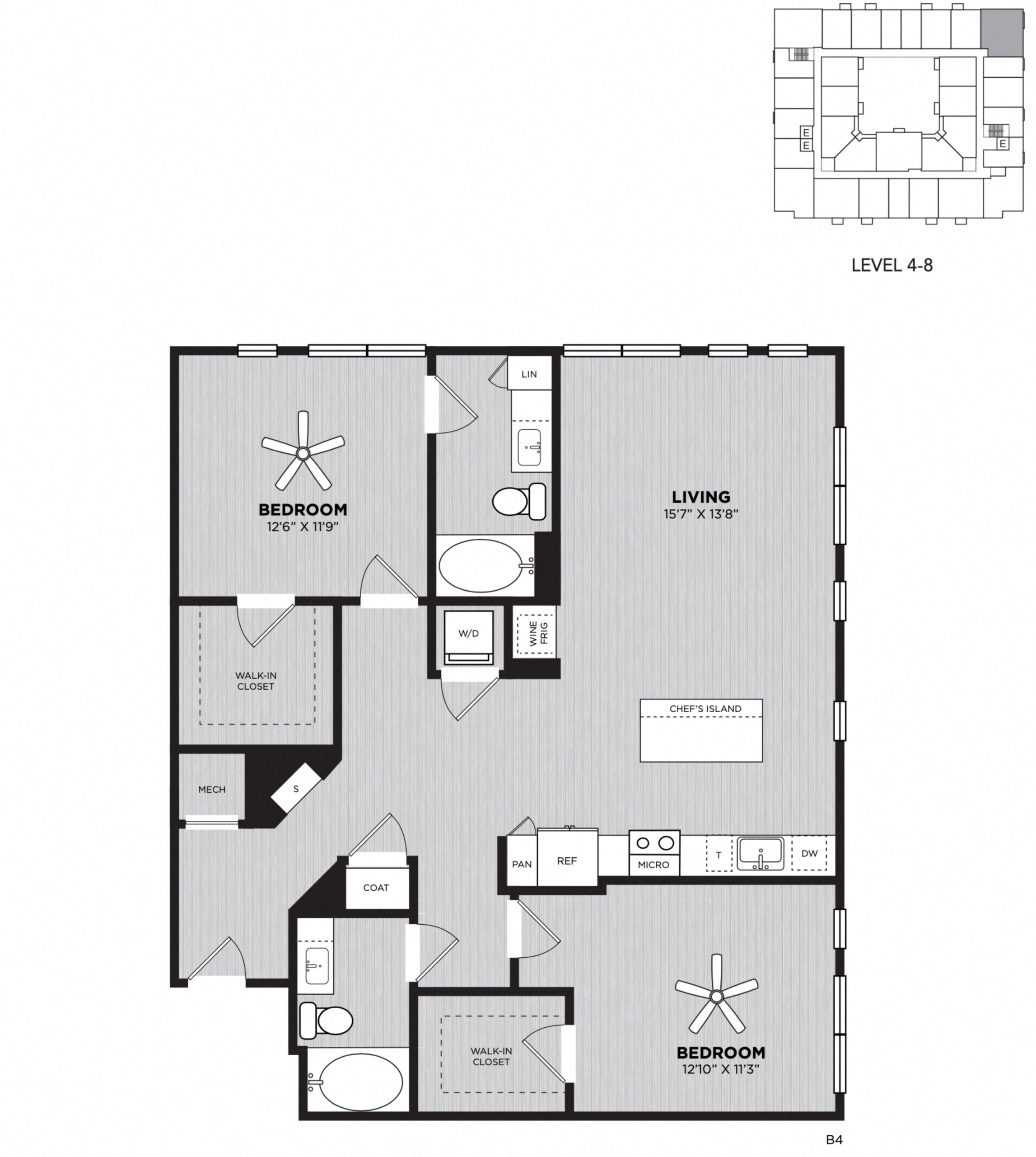 Floor plan for 2 beds, 2 baths, 1250 sqft