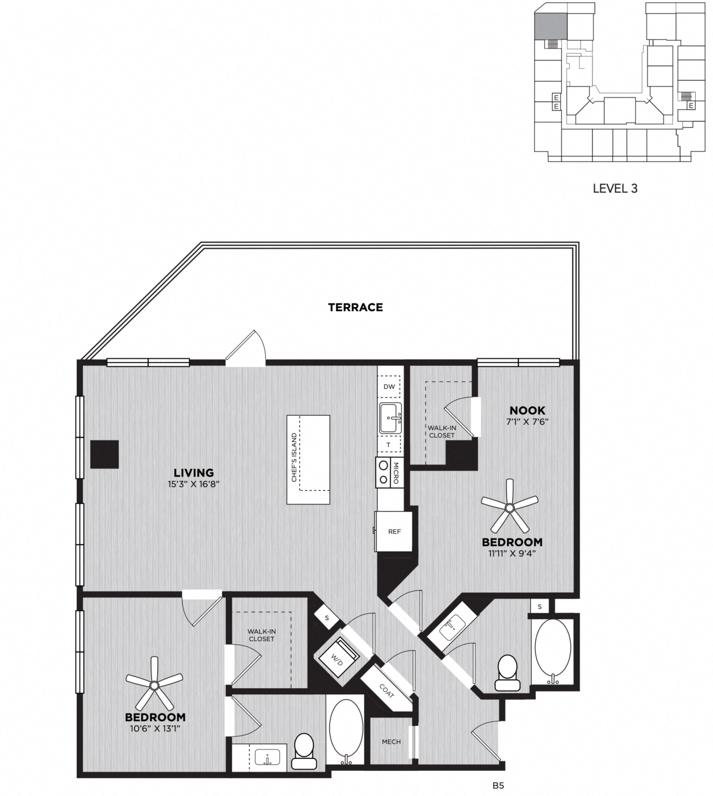 Floor plan for 2 beds, 2 baths, 1135 sqft