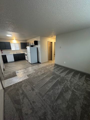 Colorado Springs apartment for rent - A kitchen with black cabinets and white appliances.