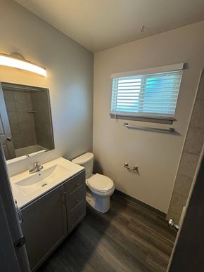 Colorado Springs apartment for rent - A bathroom with a toilet, sink, and mirror.