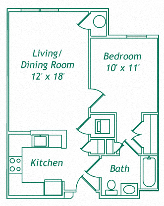 Floor plan for 1 bed, 1 bath, 614 sqft