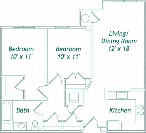 Floor plan for 2 beds, 1 bath, 979 sqft