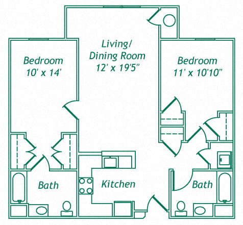 Floor plan for 2 beds, 2 baths, 928 sqft