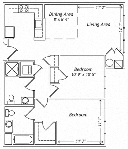 Floor plan for 2 beds, 2 baths, 937 sqft