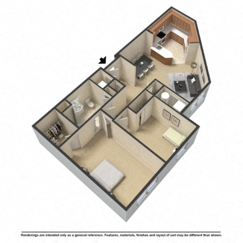 Floor plan for 2 beds, 1 bath, 947 sqft