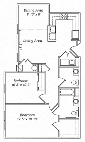 Floor plan for 2 beds, 1.5 baths, 965 sqft