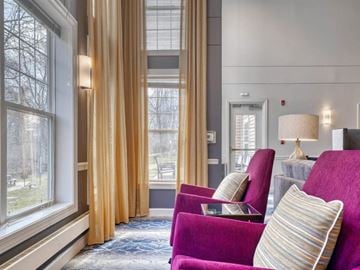 Olney apartment for rent - A living room with a purple couch and a view of trees outside the window.
