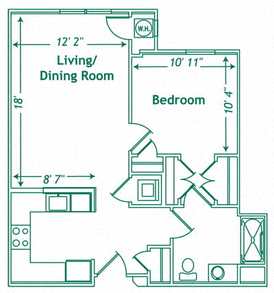 Floor plan for 1 bed, 1 bath, 672 sqft