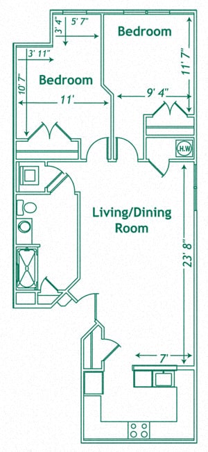 Floor plan for 2 beds, 1 bath, 847 sqft
