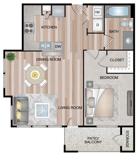 Floor plan for 1 bed, 1 bath, 677 sqft