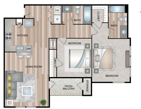 Floor plan for 2 beds, 2 baths, 948 sqft