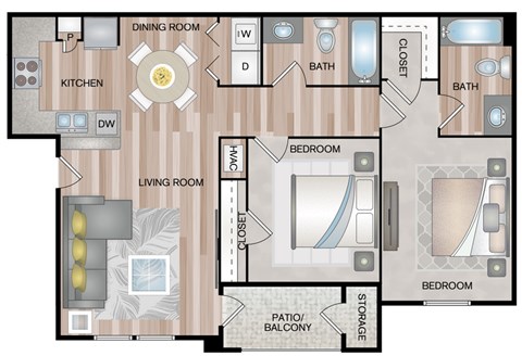 Floor plan for 2 beds, 2 baths, 931 sqft