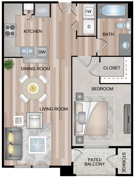 Floor plan for 1 bed, 1 bath, 675 sqft