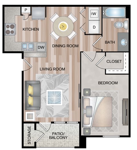 Floor plan for 1 bed, 1 bath, 673 sqft