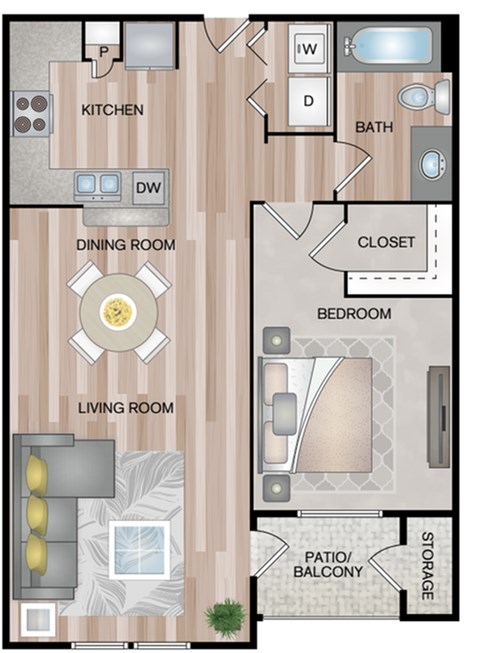 Floor plan for 1 bed, 1 bath, 707 sqft