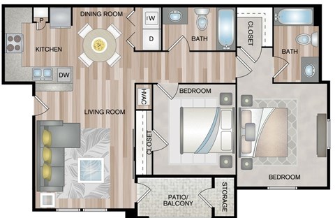 Floor plan for 2 beds, 2 baths, 944 sqft
