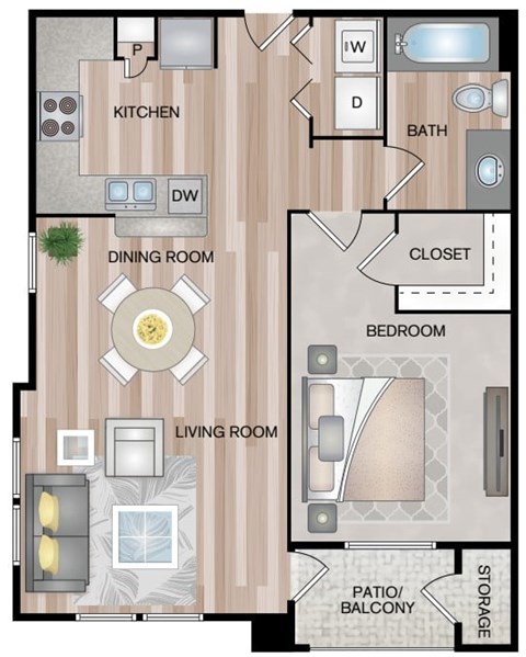 Floor plan for 1 bed, 1 bath, 688 sqft