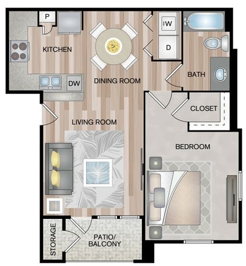 Floor plan for 1 bed, 1 bath, 690 sqft