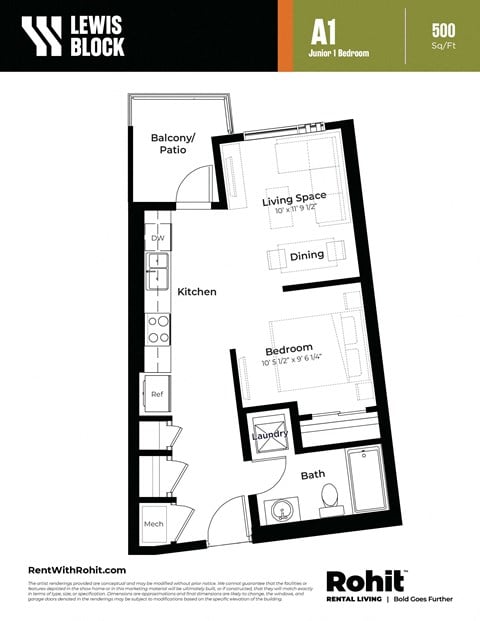 Floor plan for 1 bed, 1 bath, 500 sqft