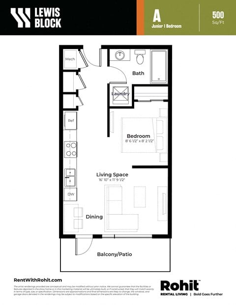 Floor plan for 1 bed, 1 bath, 500 sqft