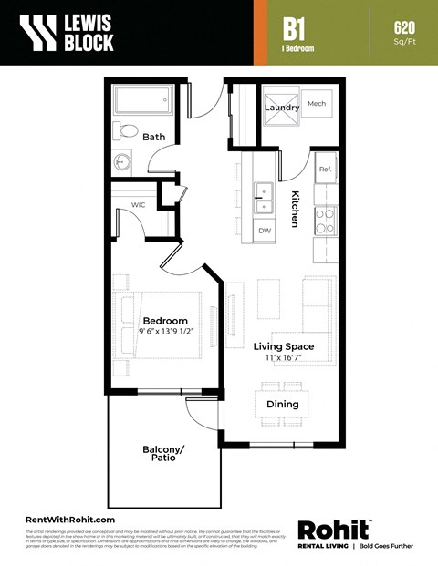Floor plan for 1 bed, 1 bath, 620 sqft