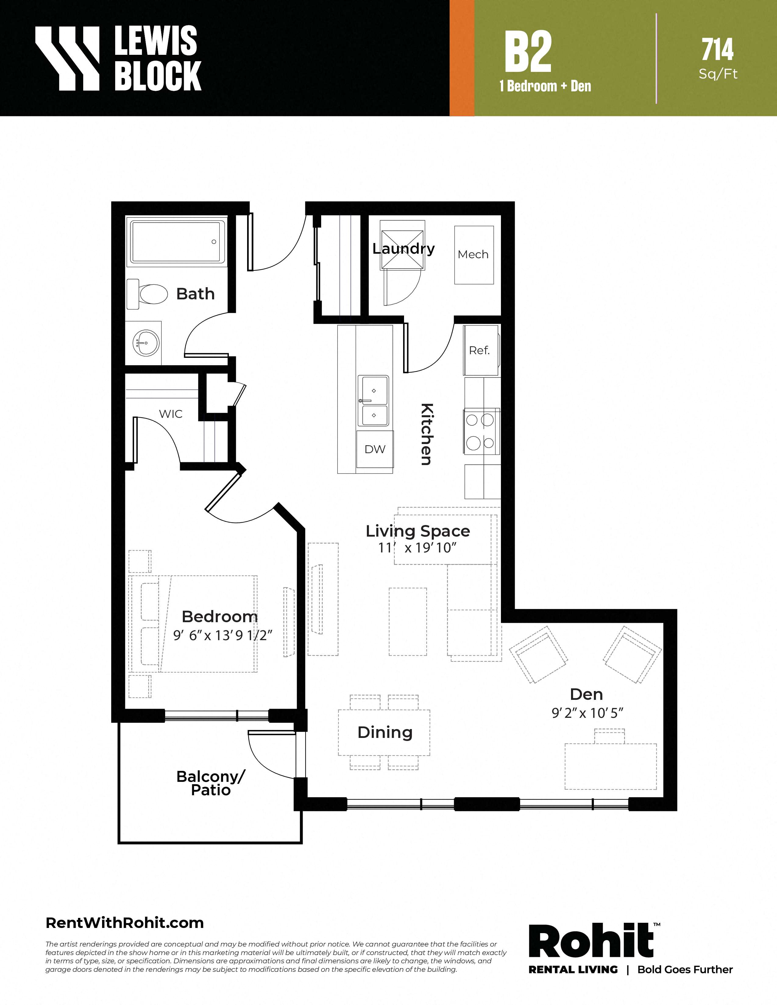Floor plan for 1 bed, 1 bath, 714 sqft