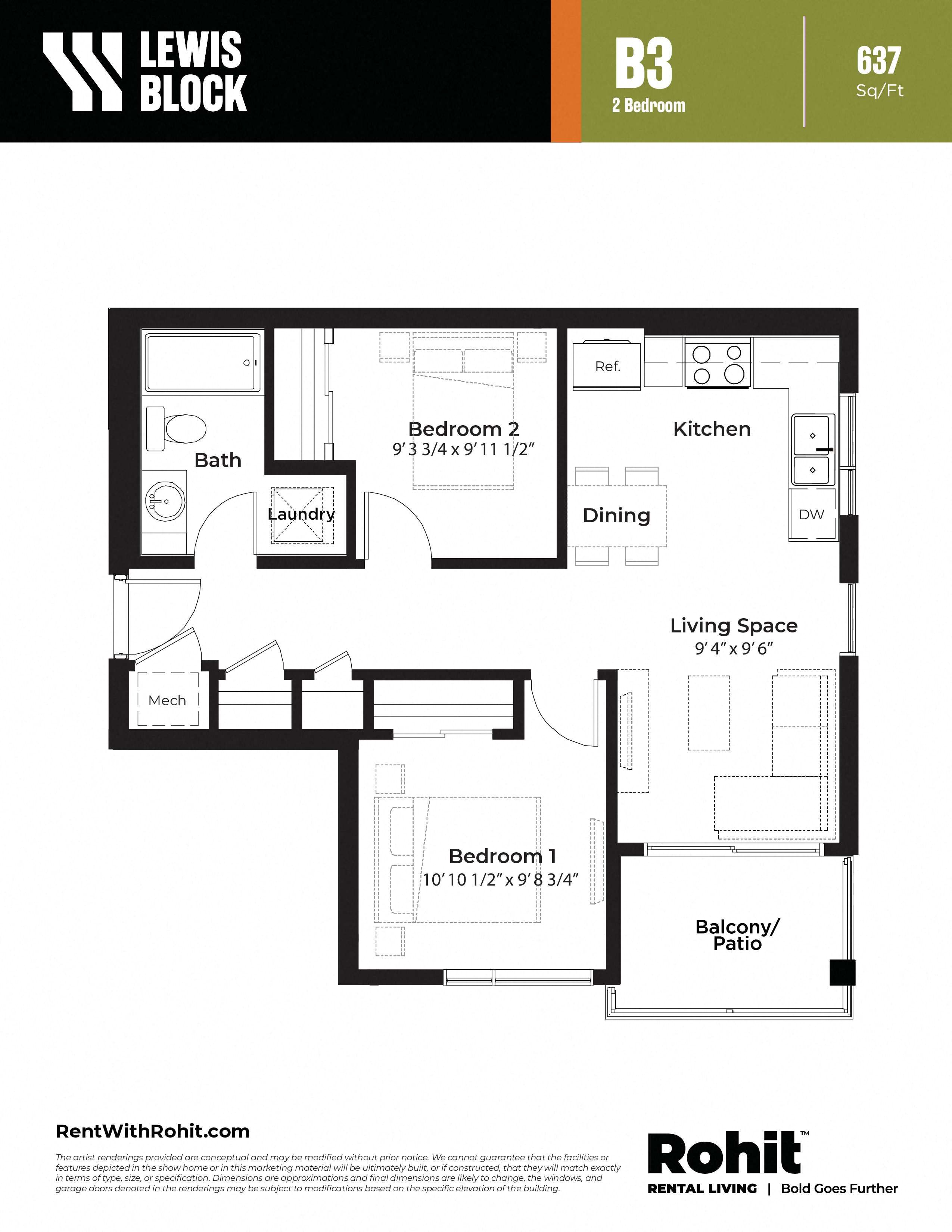 Floor plan for 2 beds, 1 bath, 637 sqft
