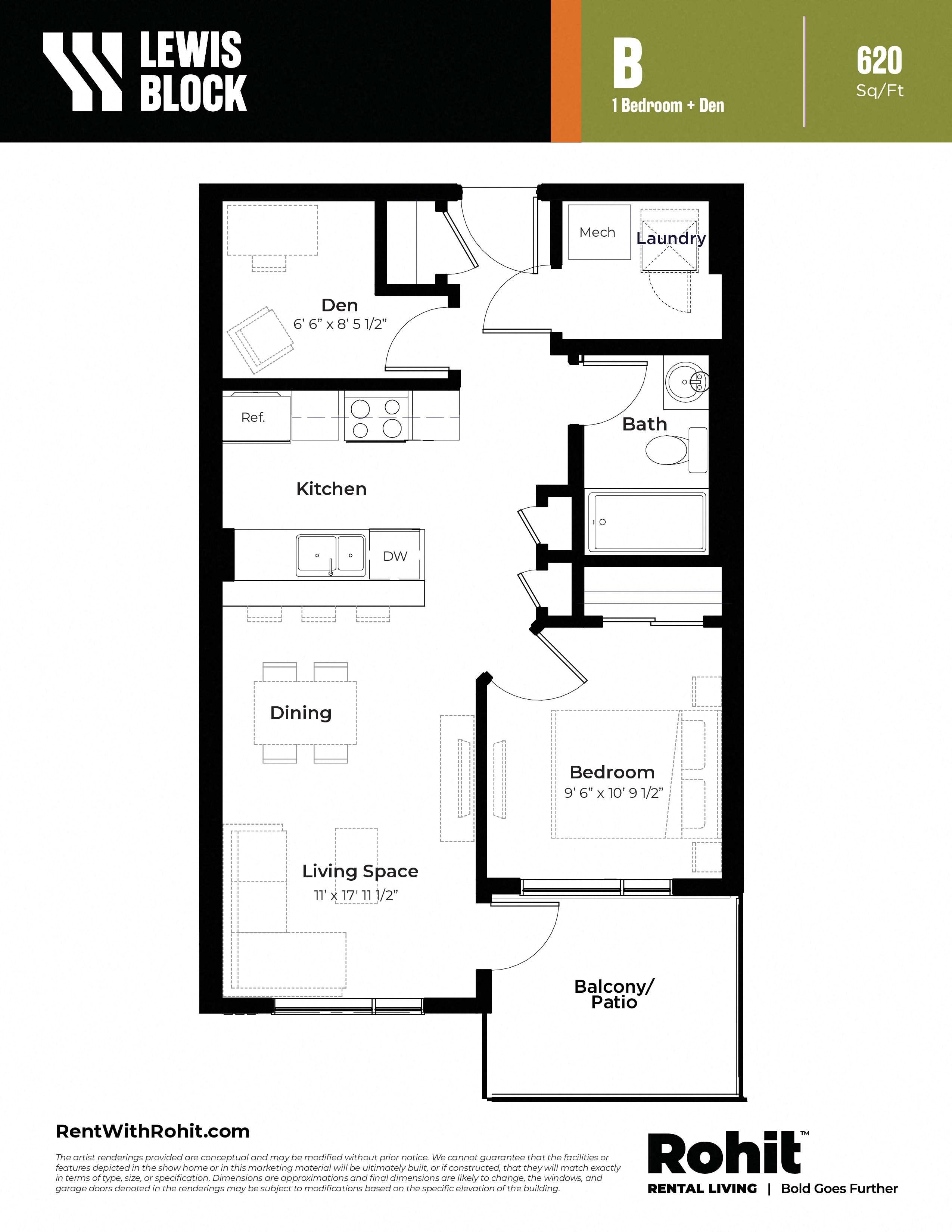 Floor plan for 1 bed, 1 bath, 620 sqft