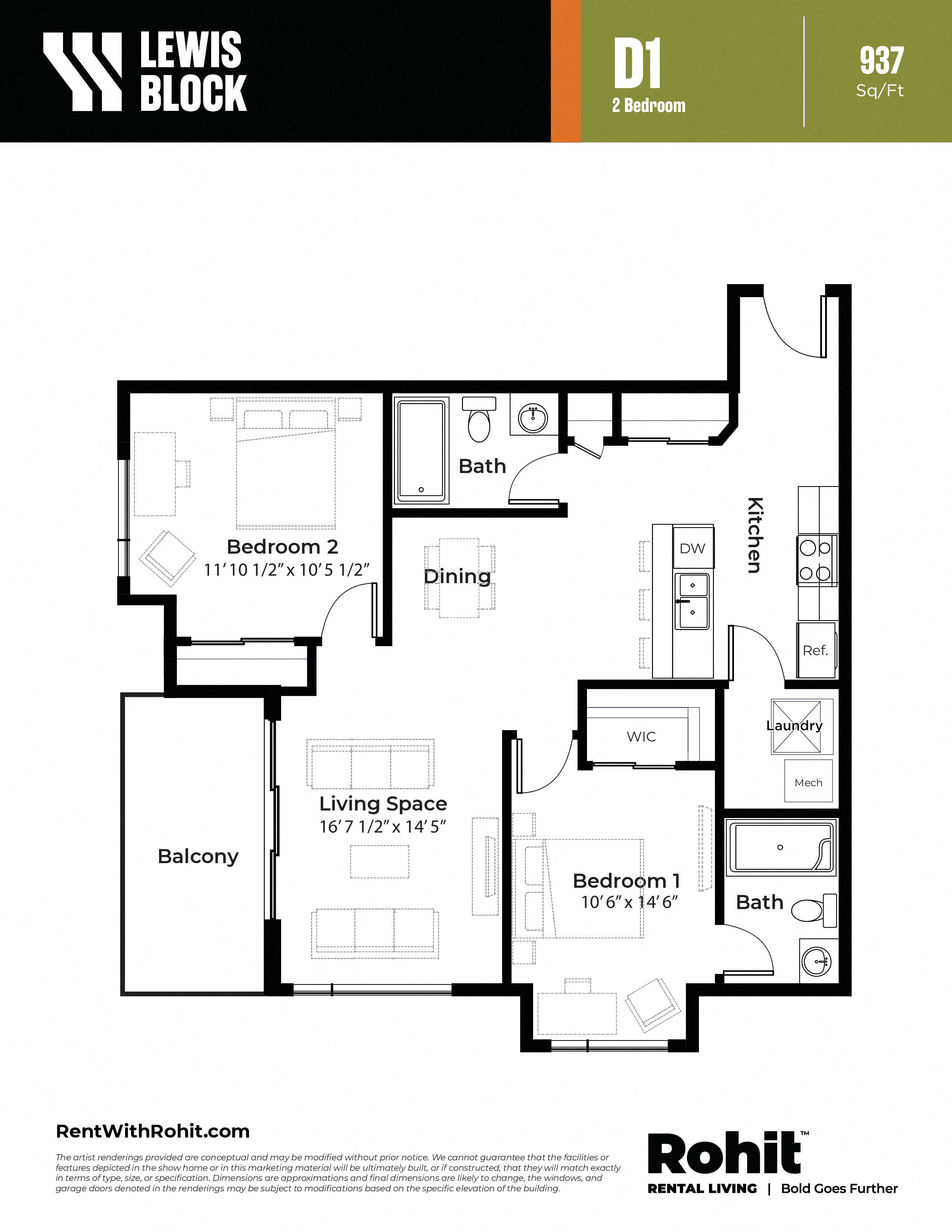 Floor plan for 2 beds, 2 baths, 937 sqft