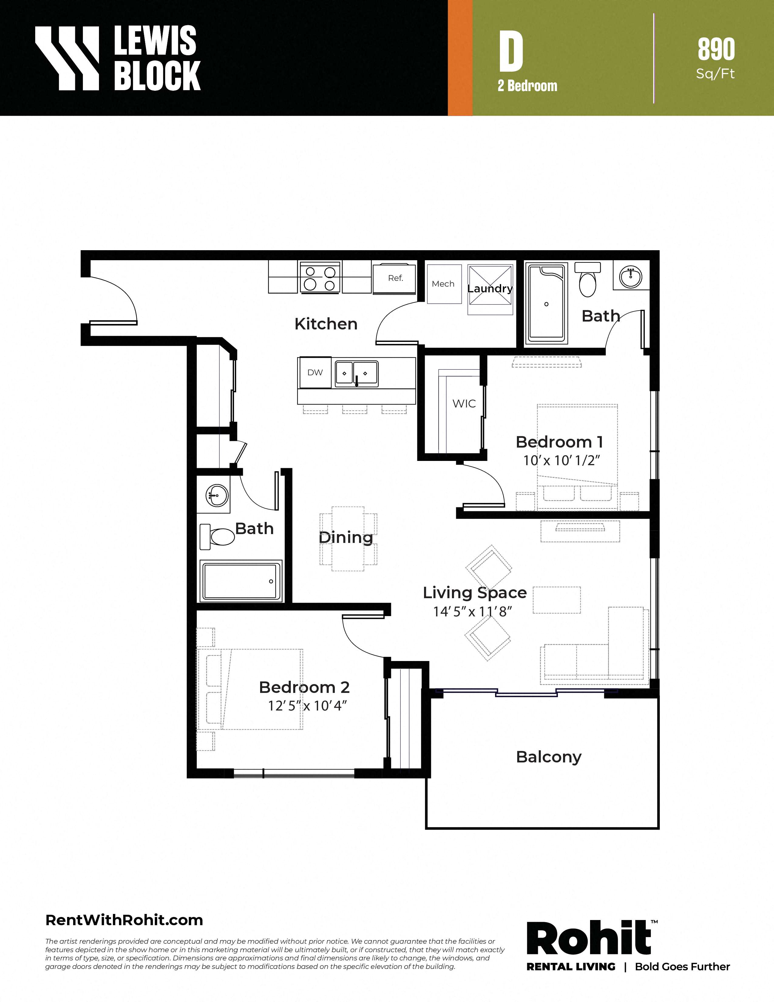Floor plan for 2 beds, 2 baths, 890 sqft