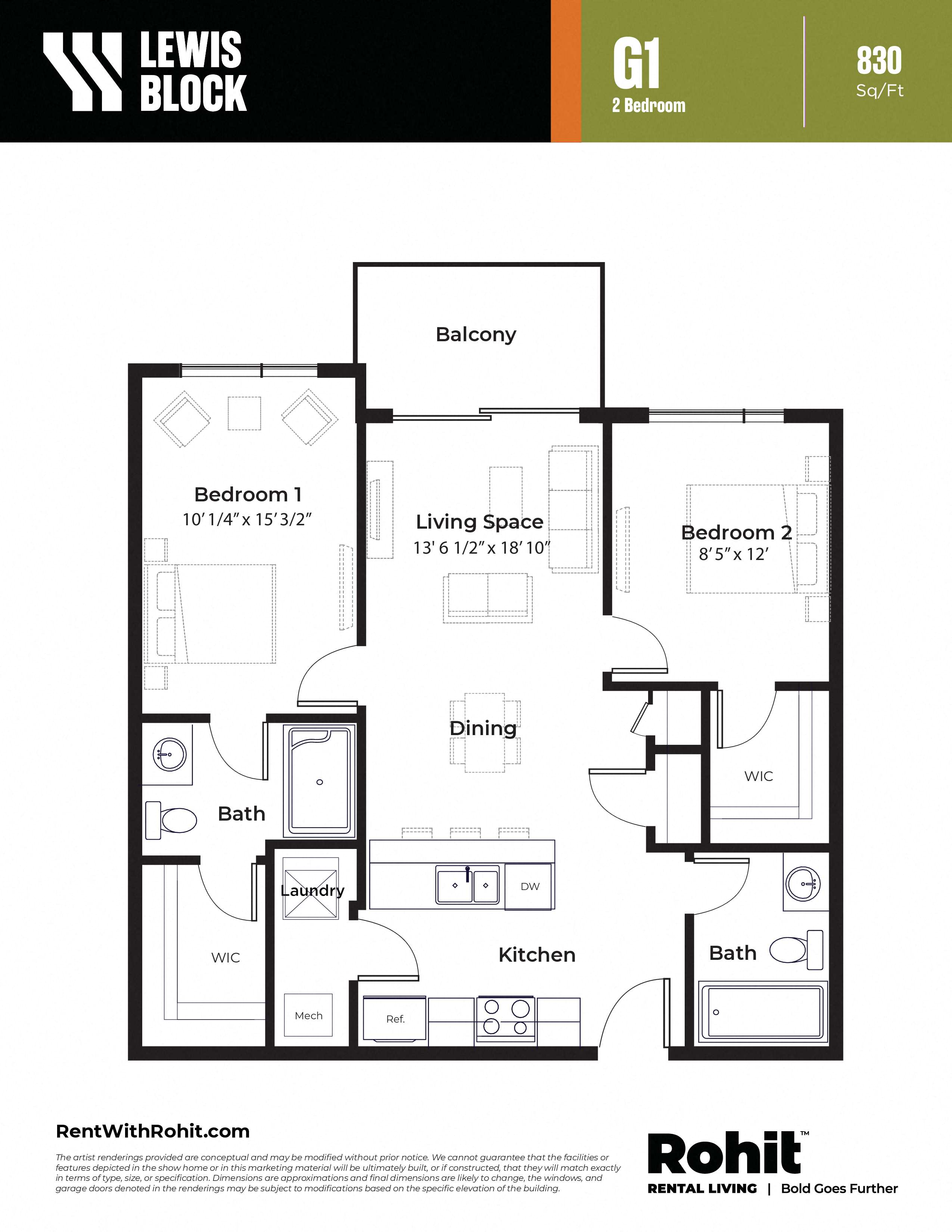 Floor plan for 2 beds, 2 baths, 830 sqft