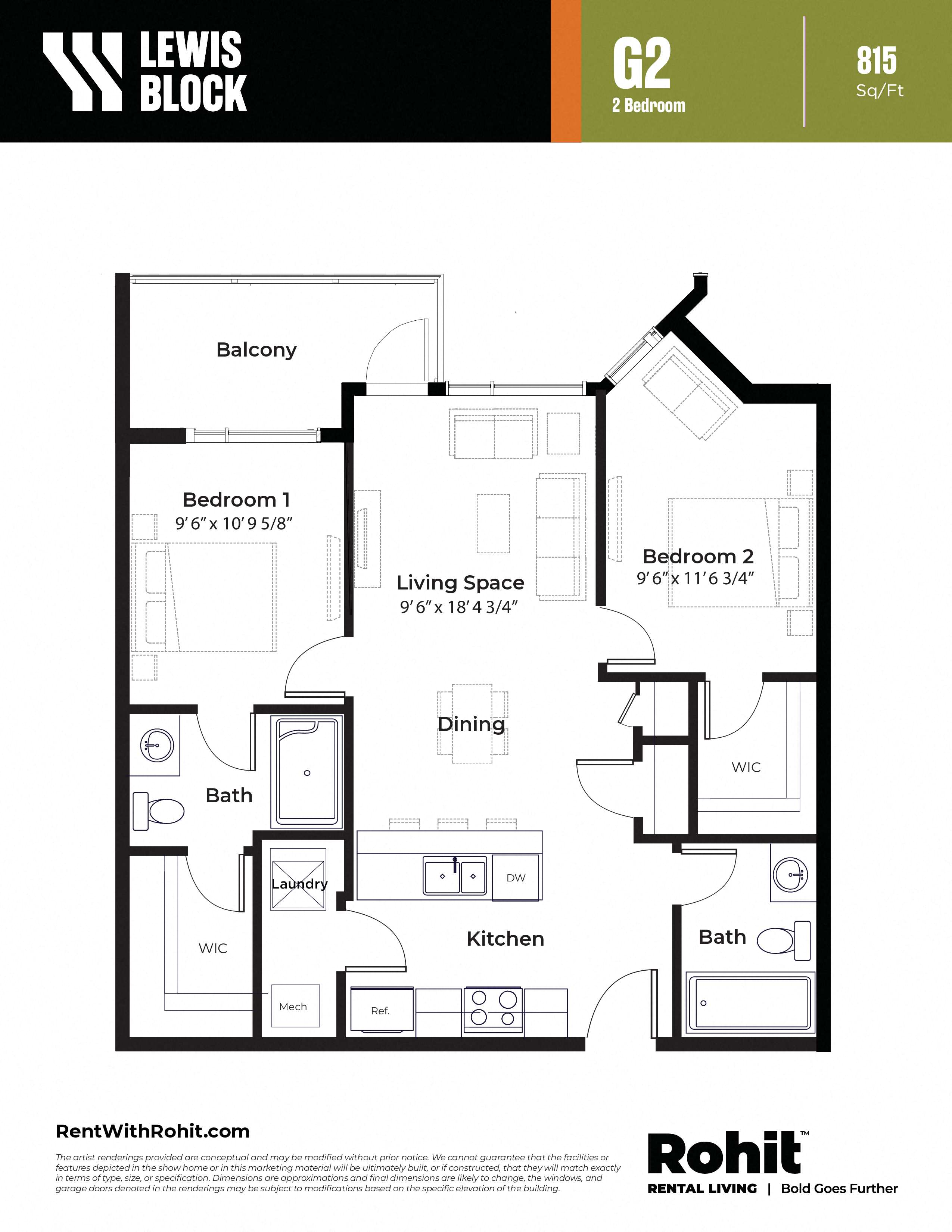Floor plan for 2 beds, 2 baths, 815 sqft