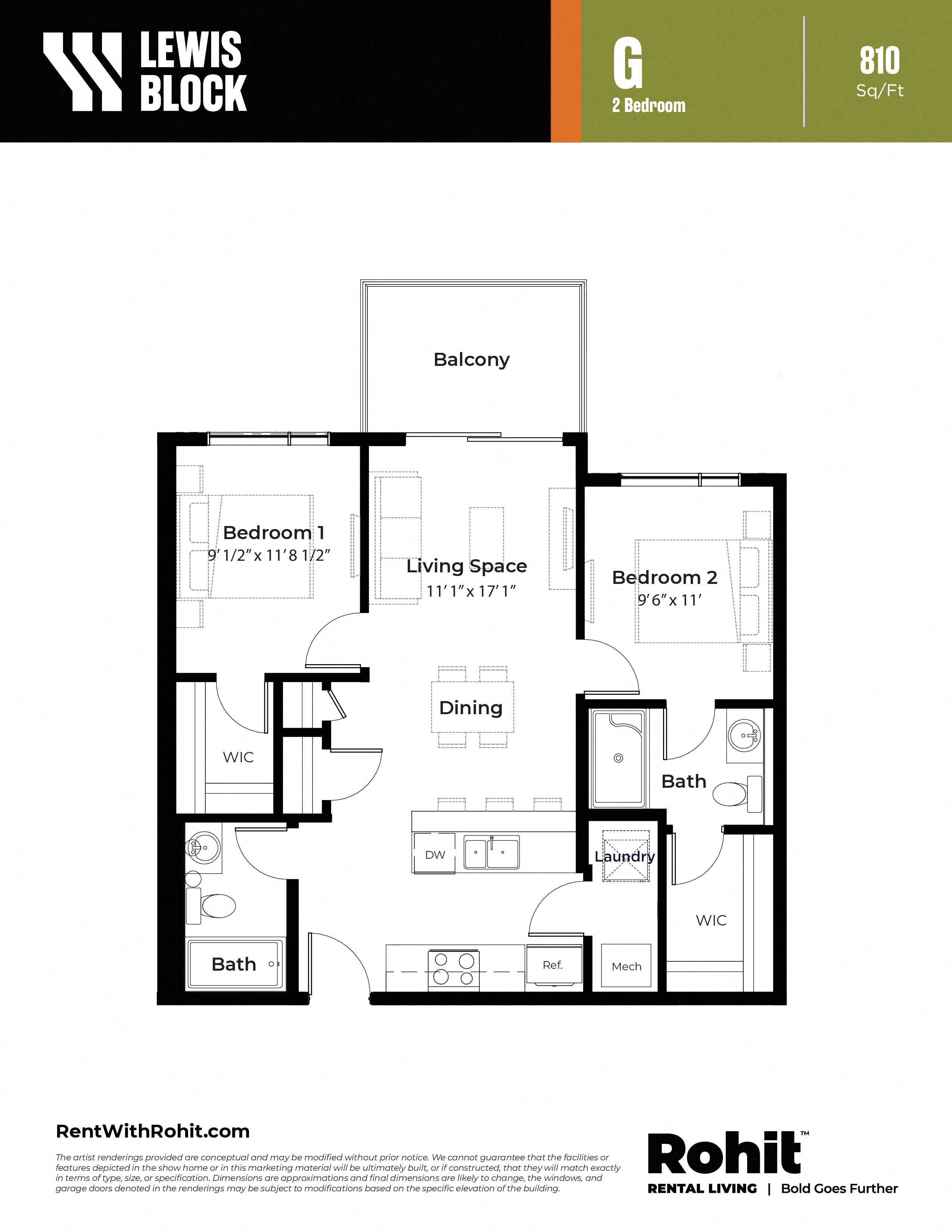 Floor plan for 2 beds, 2 baths, 810 sqft